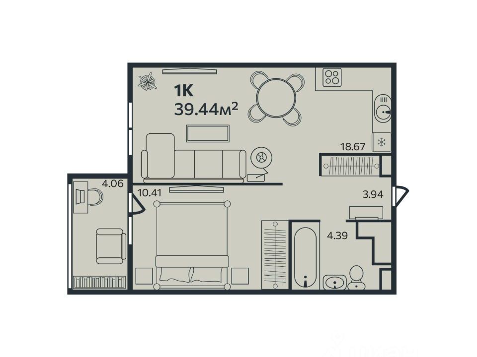 Планировка: 1-комн. квартира 39.44 м² в новостройке Эдельвейс