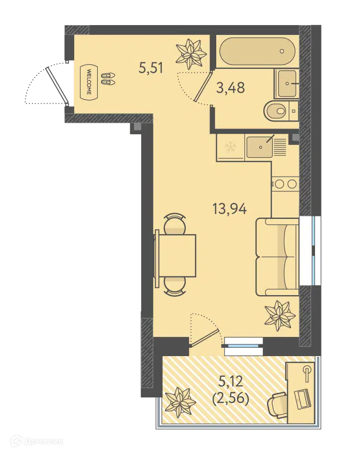 Планировка: Студия 23.48 м² в новостройке Теплые Края 1 очередь
