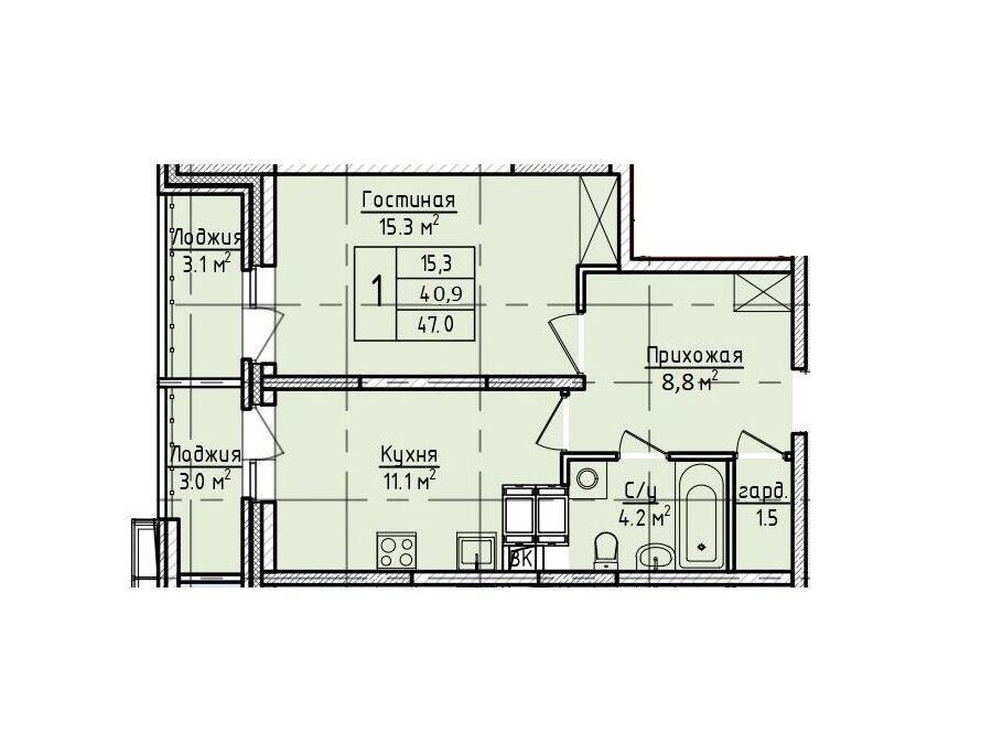 Планировка: 1-комн. квартира 47.00 м² в новостройке Пустовский