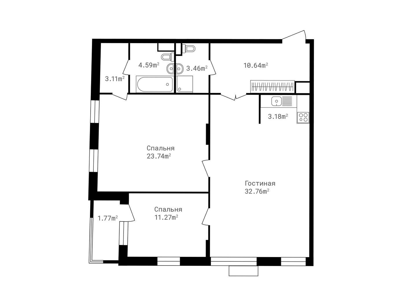Планировка: 3-комн. квартира 95.00 м² в новостройке Точка отсчета