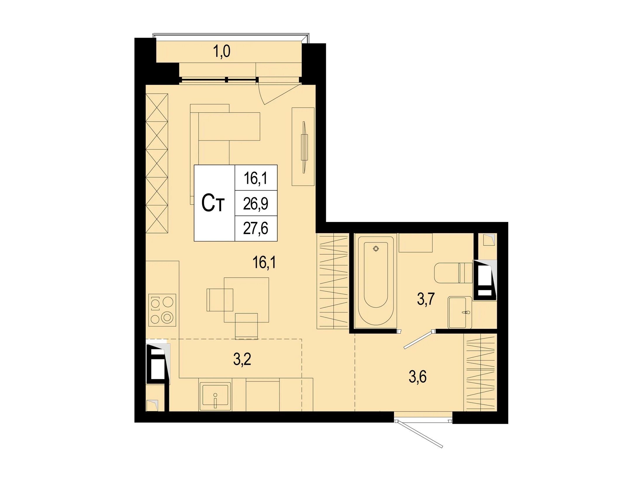 Планировка: Студия 26.90 м² в новостройке Новая Щербинка