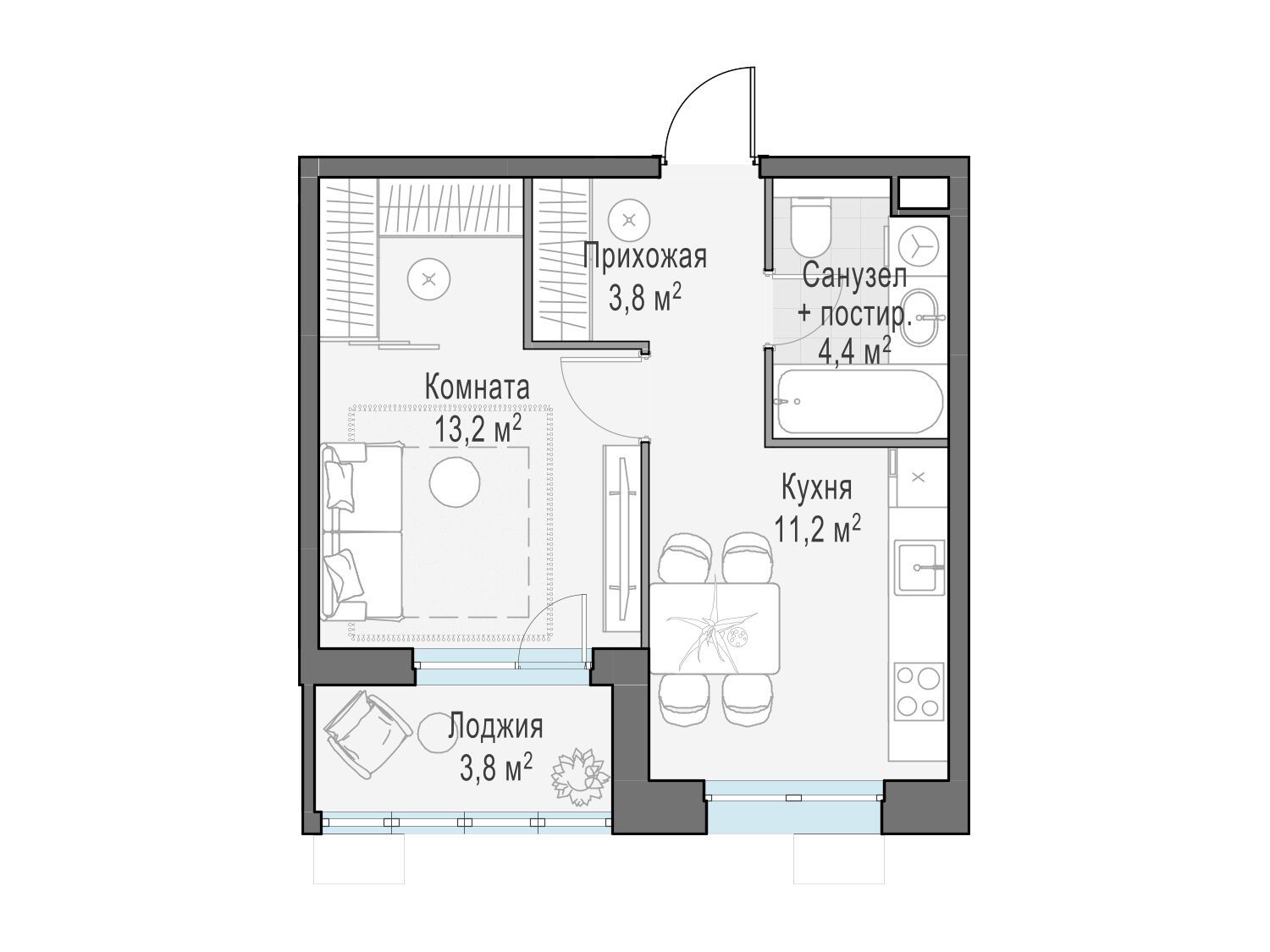 Планировка: 1-комн. квартира 32.30 м² в новостройке ЖК Новое Пушкино