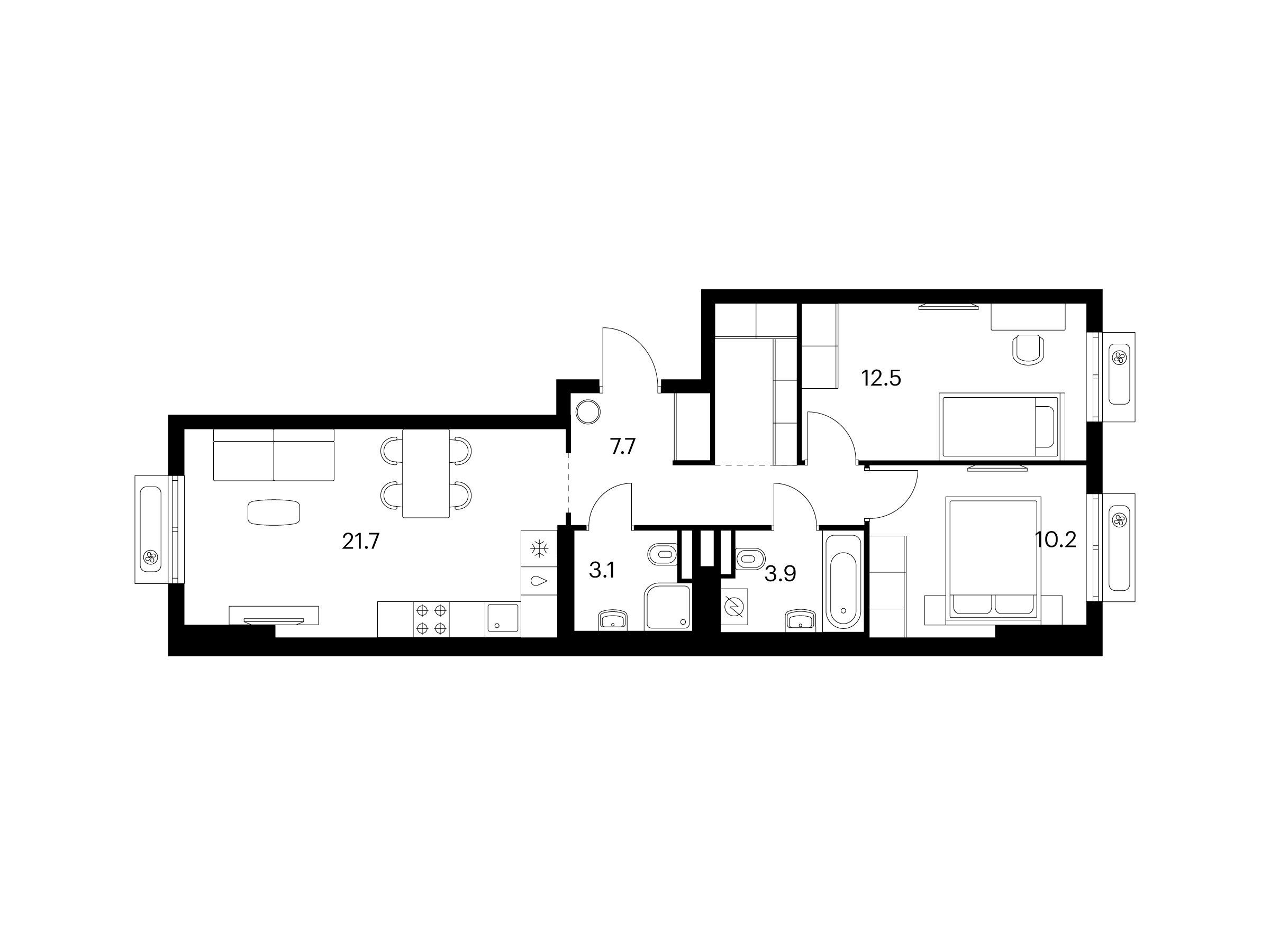 Планировка: 2-комн. квартира 62.80 м² в новостройке ЖК Восточное Бутово