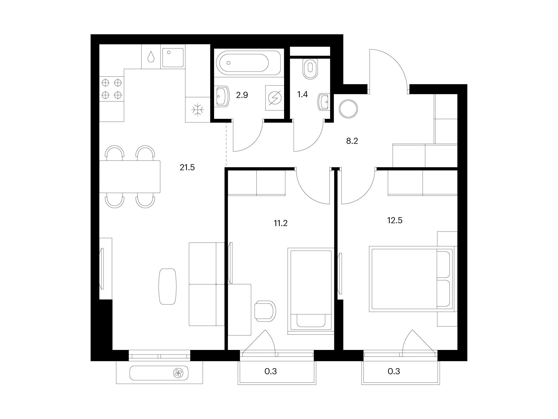 Планировка: 2-комн. квартира 58.30 м² в новостройке ЖК Восточное Бутово
