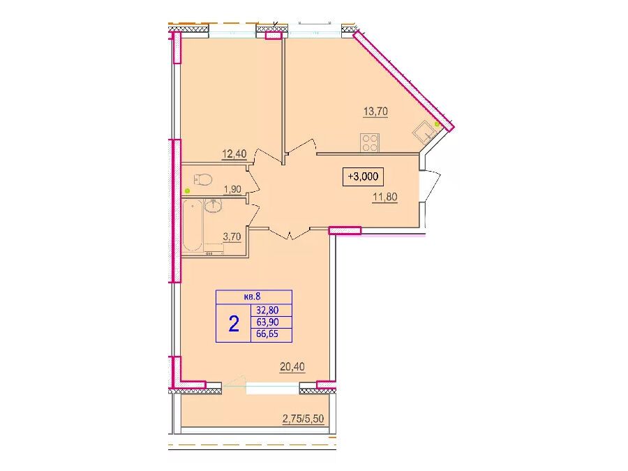 Планировка: 2-комн. квартира 67.70 м² в новостройке по ул. Макаренко