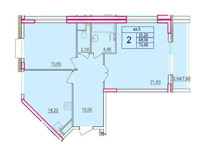 Планировка: 2-комн. квартира 69.30 м² в новостройке по ул. Макаренко