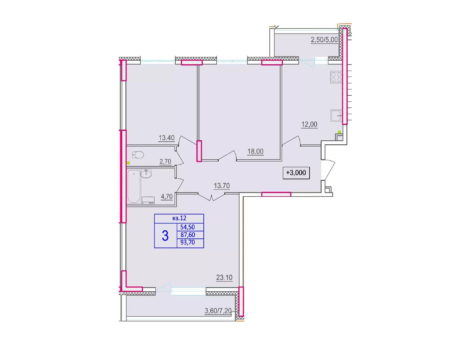 Планировка: 3-комн. квартира 89.60 м² в новостройке по ул. Макаренко