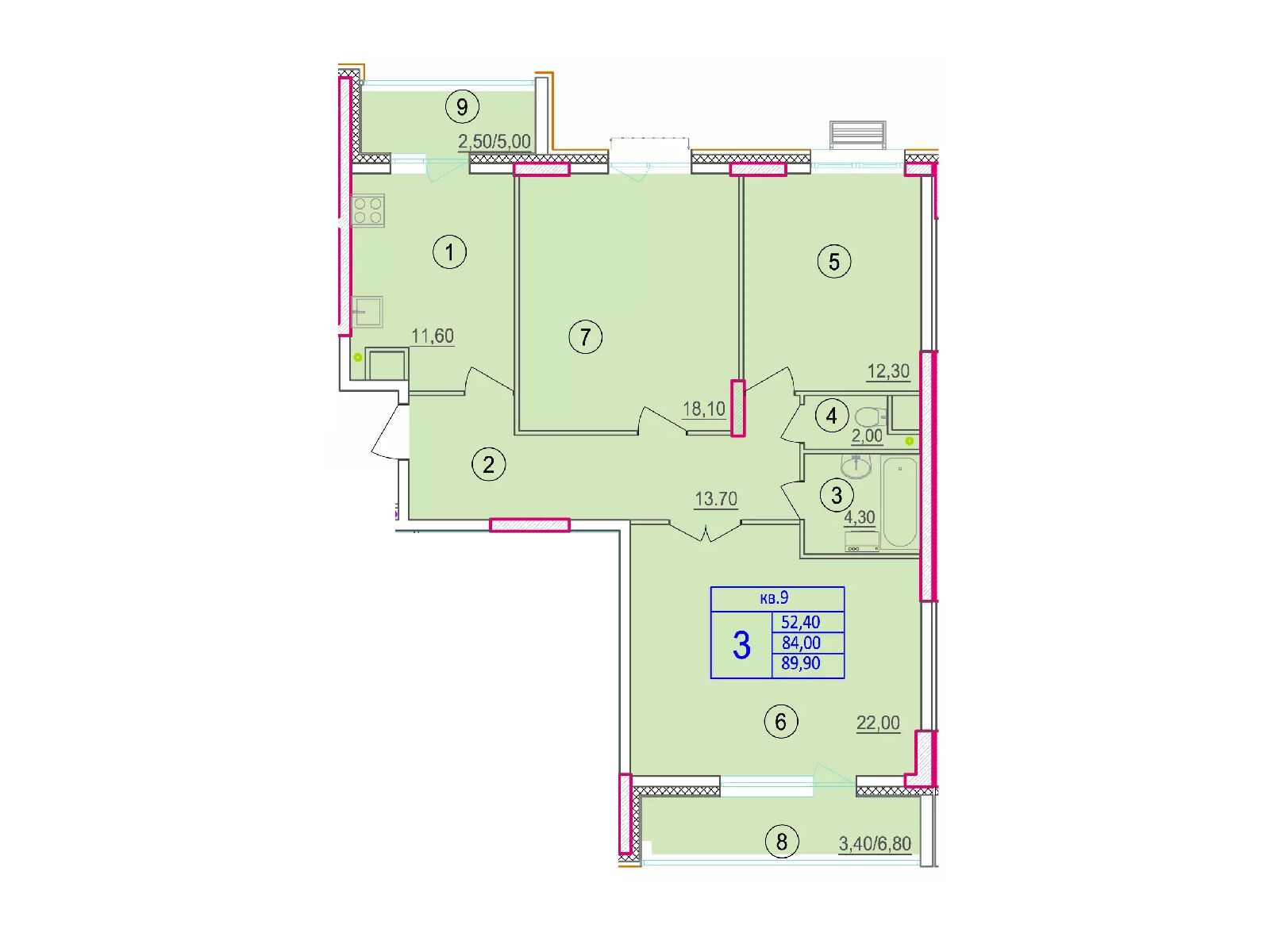 Планировка: 3-комн. квартира 87.20 м² в новостройке по ул. Макаренко