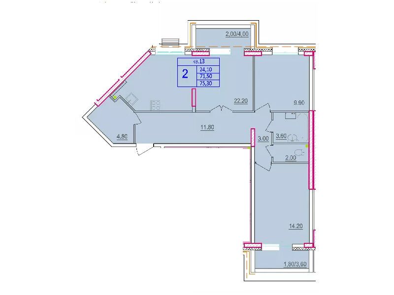 Планировка: 2-комн. квартира 75.10 м² в новостройке по ул. Макаренко