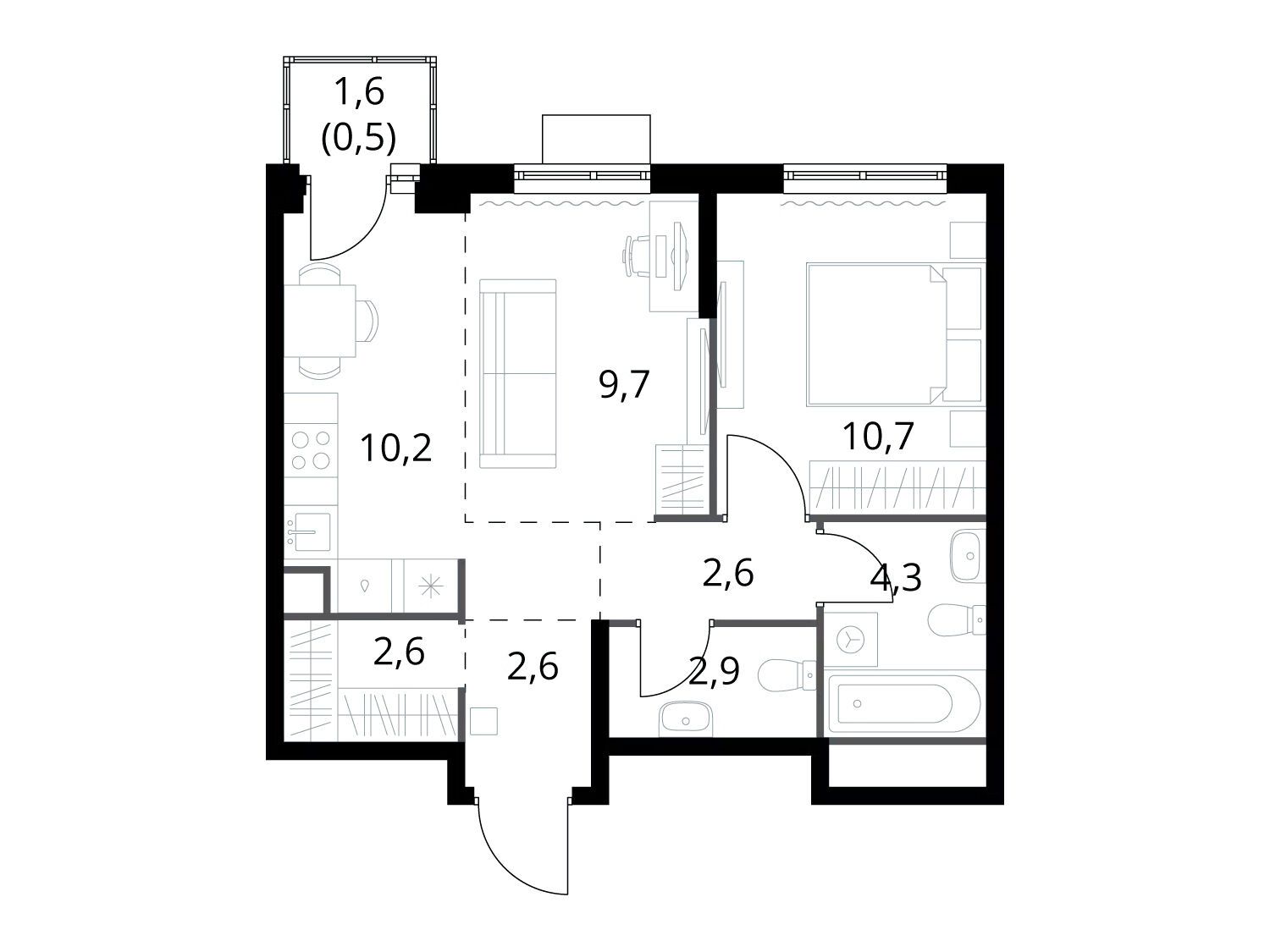 Планировка: 2-комн. квартира 46.10 м² в новостройке ЖК 1-й Химкинский (Первый Химкинский)
