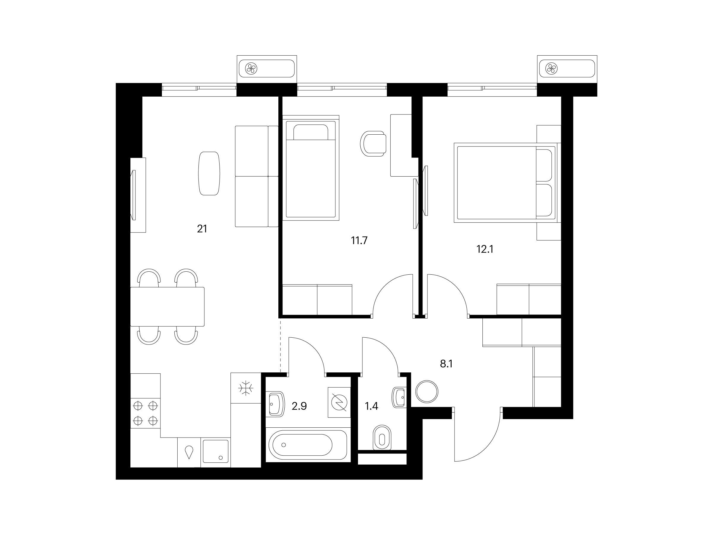 Планировка: 2-комн. квартира 57.20 м² в новостройке ЖК Восточное Бутово