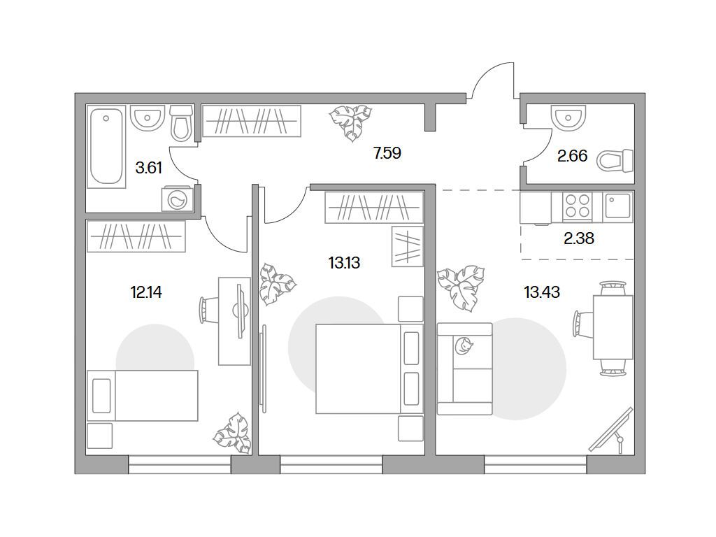 Планировка: 3-комн. квартира 54.94 м² в новостройке Аникеевский