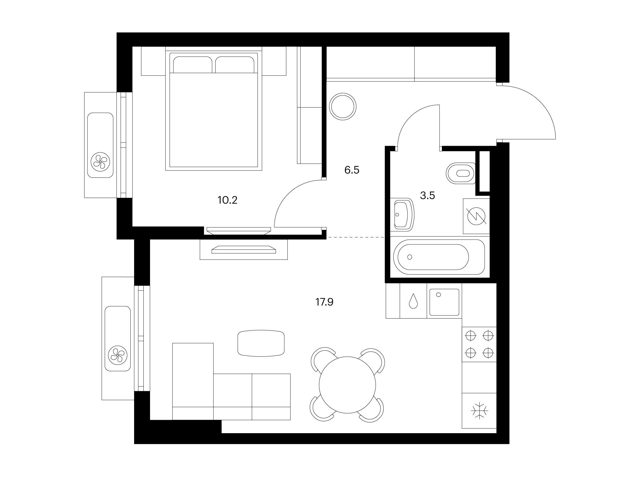 Планировка: 1-комн. квартира 38.10 м² в новостройке ЖК Восточное Бутово