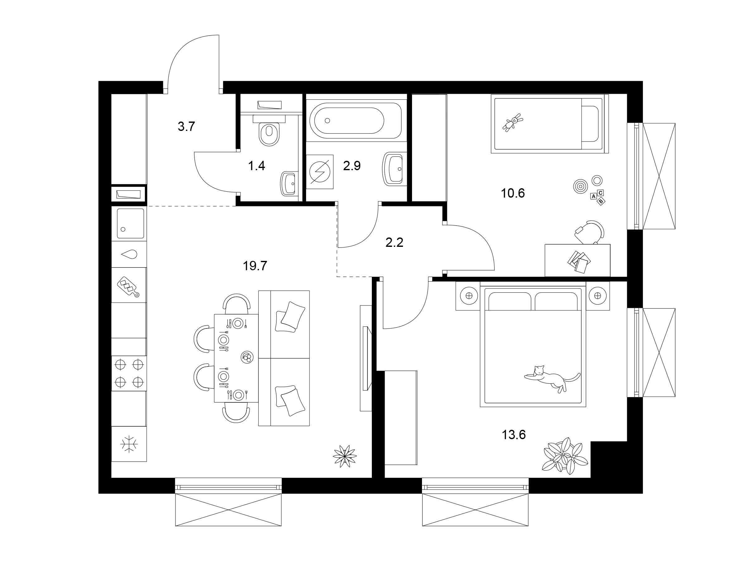 Планировка: 2-комн. квартира 54.10 м² в новостройке ЖК Томилинский бульвар