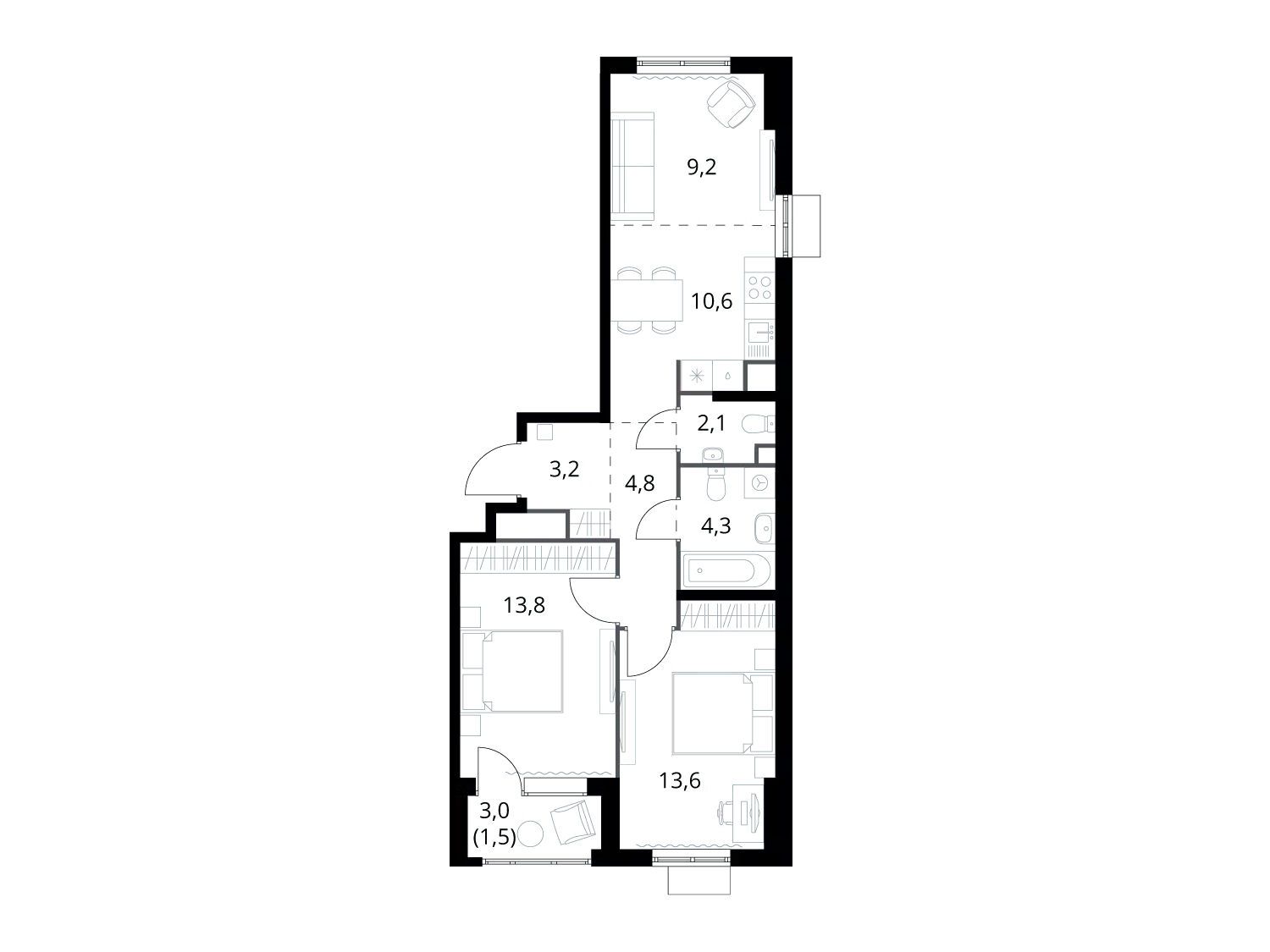 Планировка: 2-комн. квартира 63.10 м² в новостройке ЖК 1-й Химкинский (Первый Химкинский)