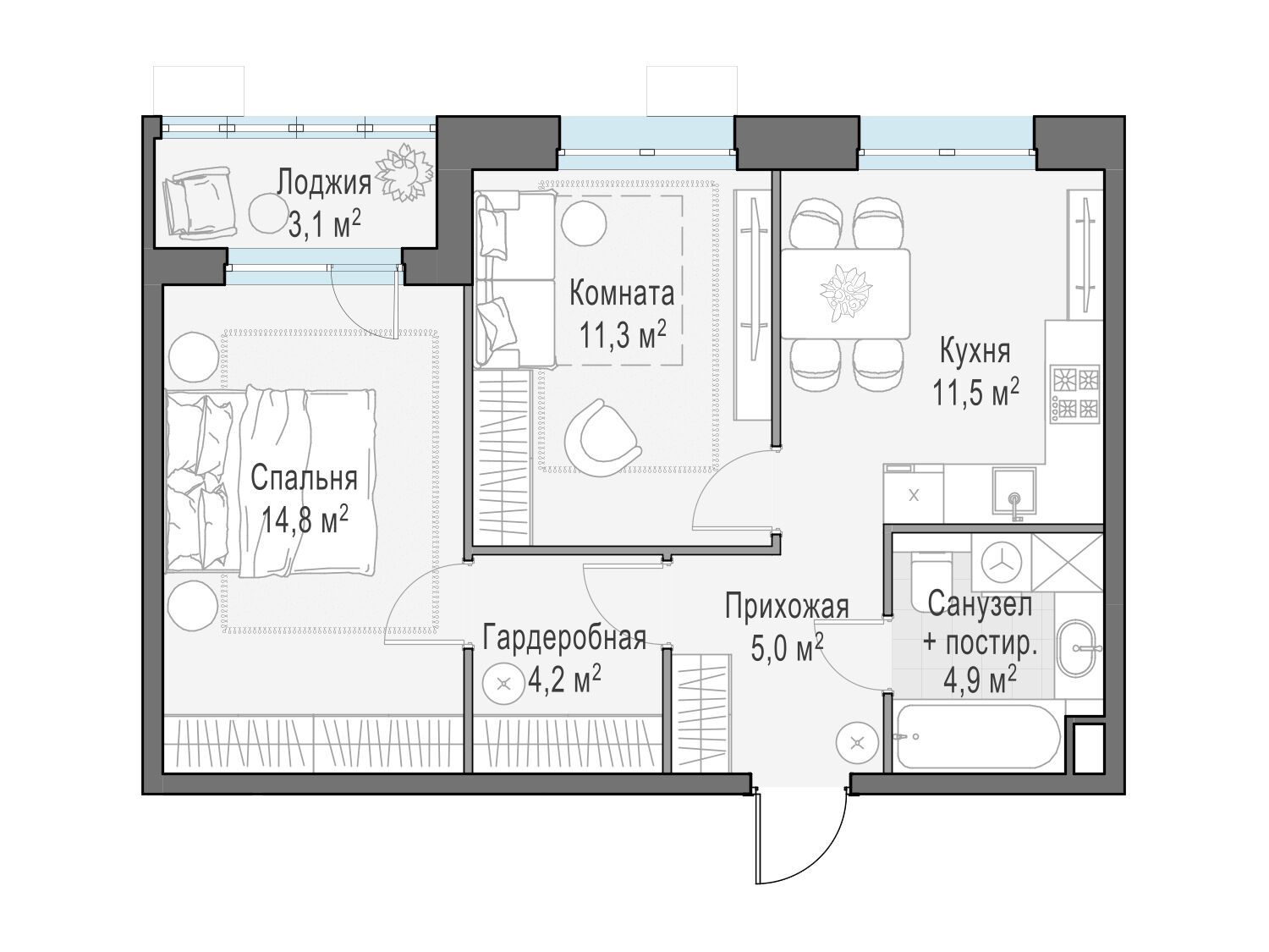Планировка: 2-комн. квартира 51.60 м² в новостройке Новое Пушкино