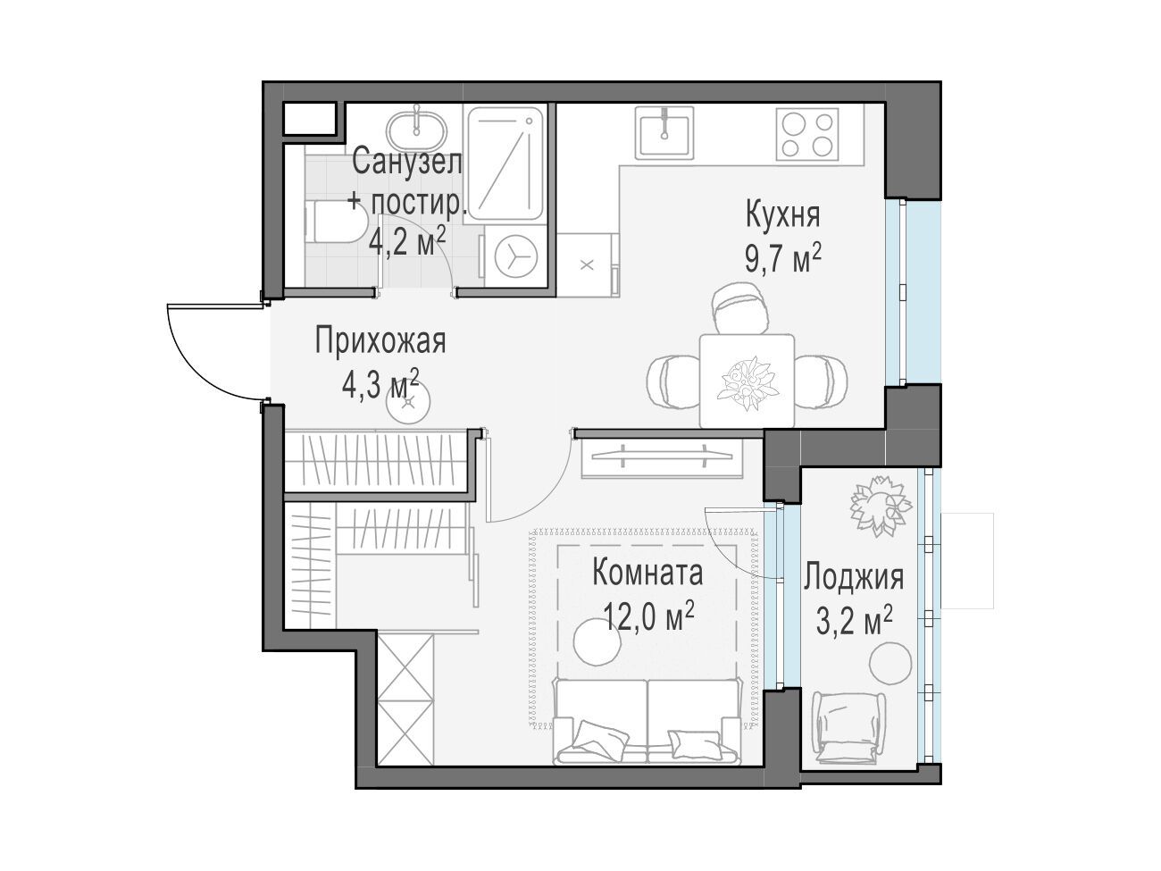 Планировка: 1-комнатная квартира 29.90 м² в новостройке ЖК Новое Пушкино