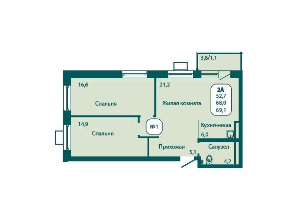 Планировка: 2-комн. квартира 69.10 м² в новостройке Андреевка Лайф