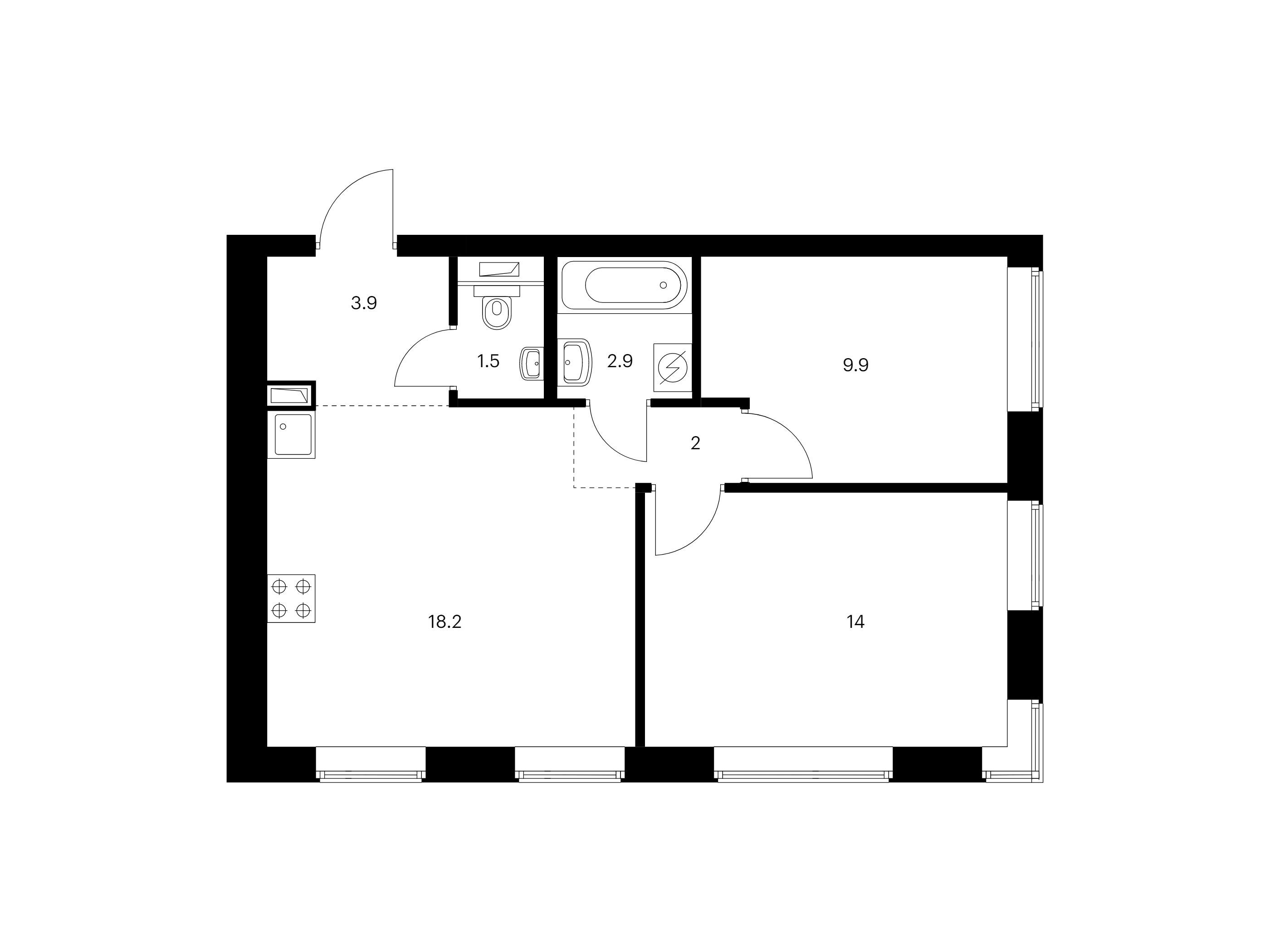 Планировка: 2-комн. квартира 52.40 м² в новостройке Полар