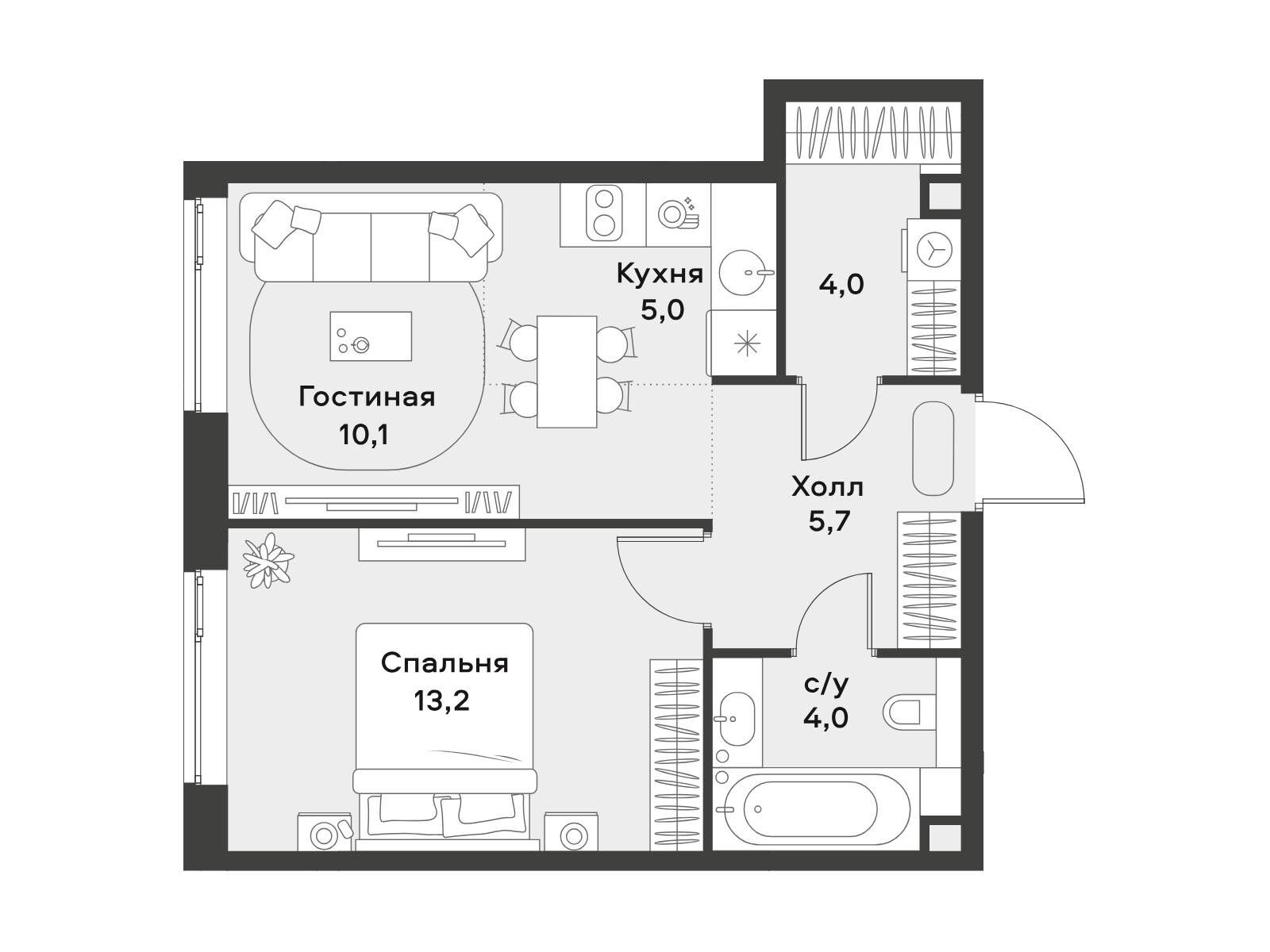 Планировка: 1-комн. квартира 42.00 м² в новостройке Алиа