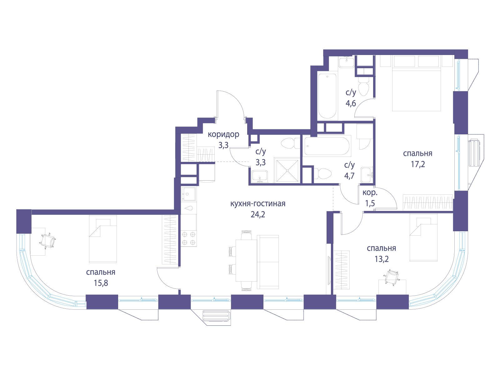 Планировка: 3-комн. квартира 87.80 м² в новостройке Символ