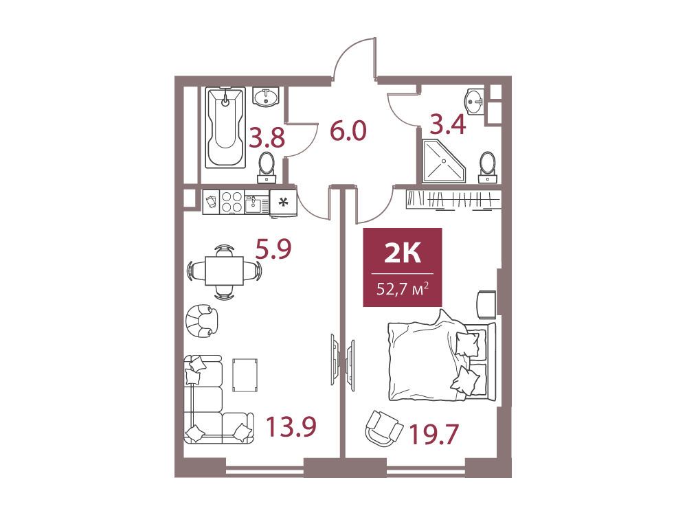 Планировка: 2-комн. квартира 52.70 м² в новостройке ЖК Легаси