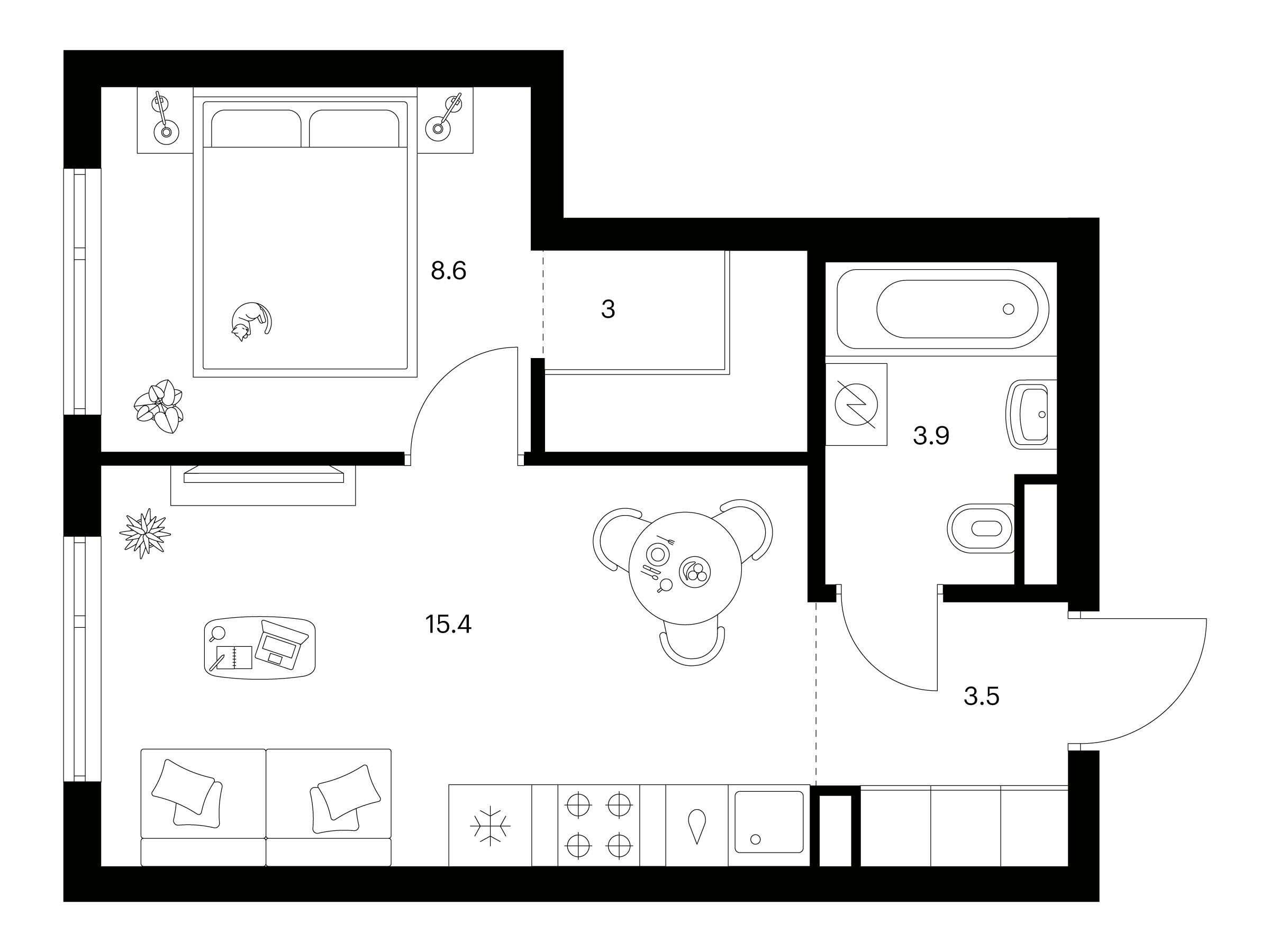 Планировка: 1-комн. квартира 34.40 м² в новостройке Амурский парк