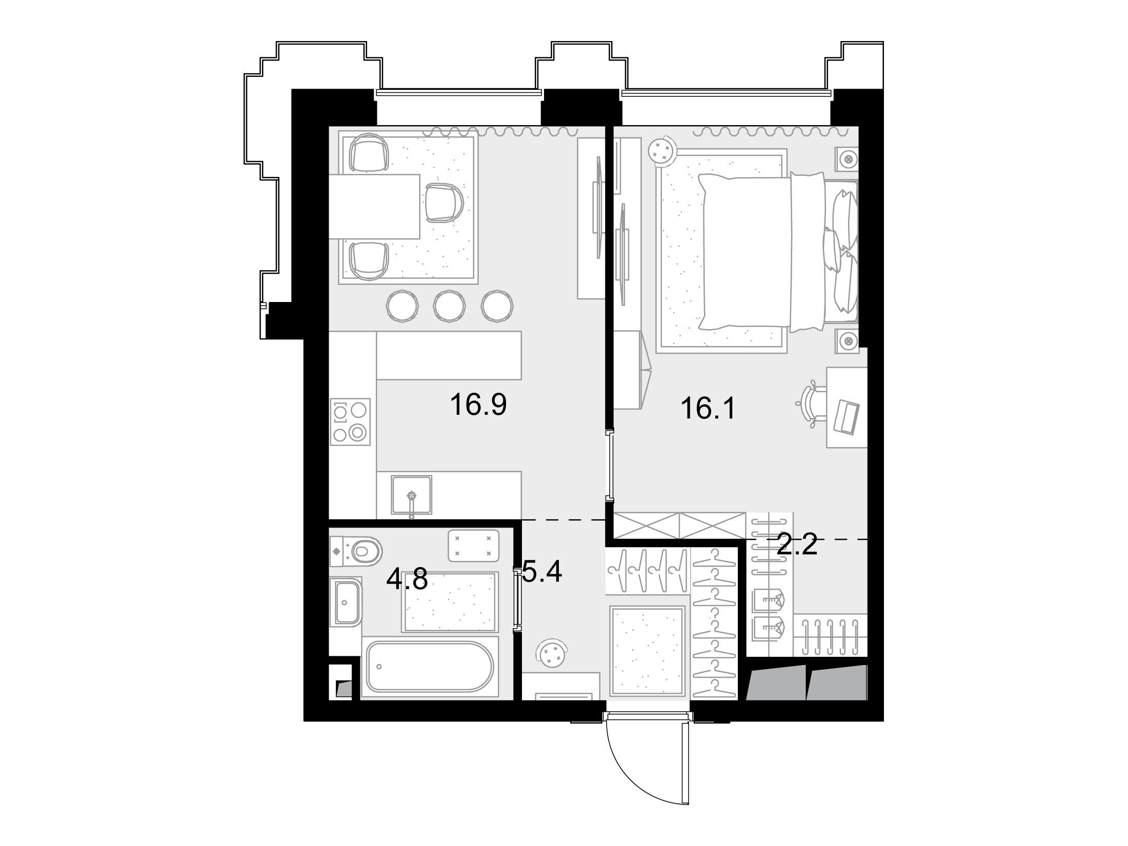 Планировка: 1-комн. квартира 45.40 м² в новостройке Высотка на Жукова