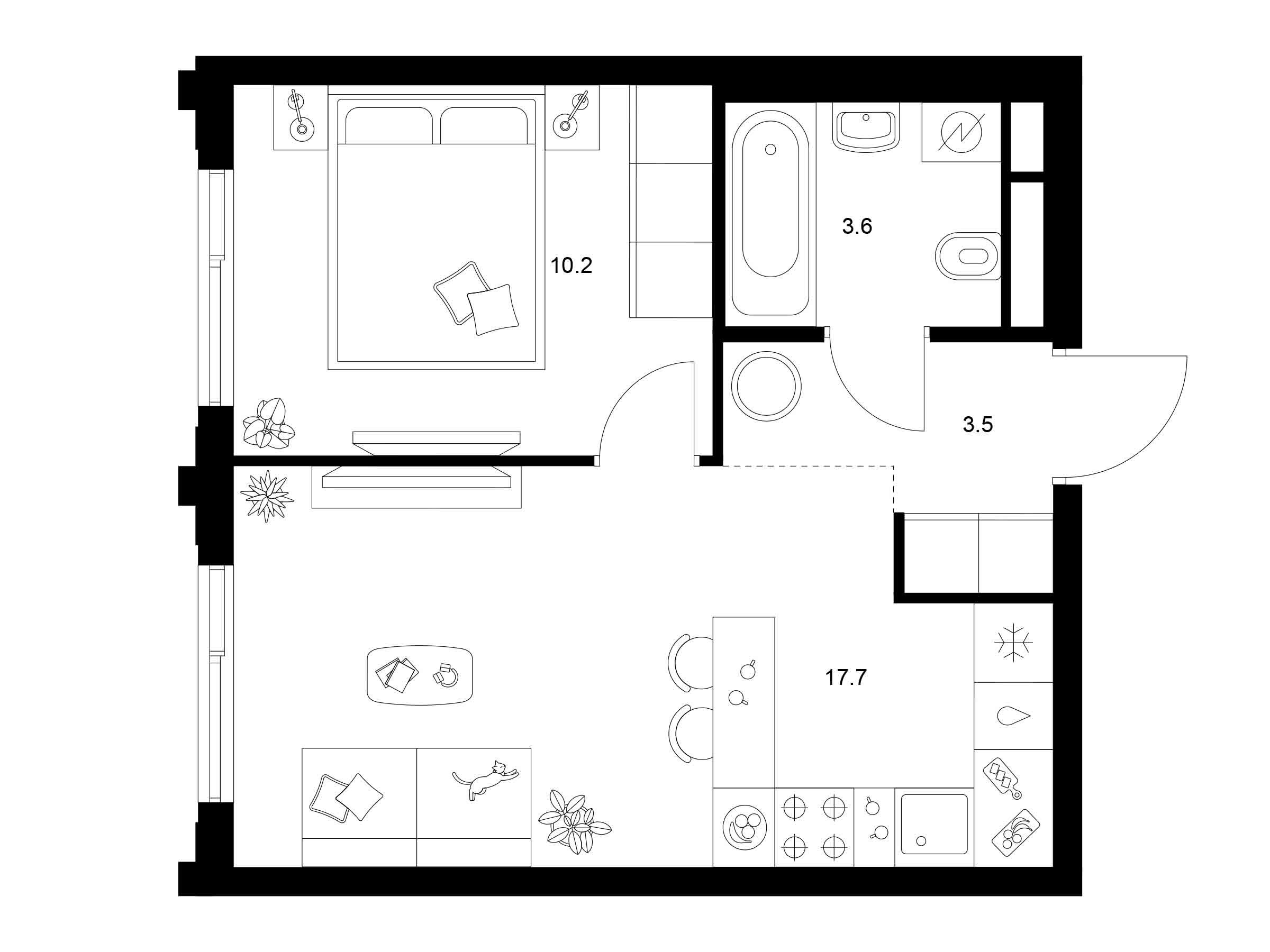 Планировка: 1-комн. квартира 35.00 м² в новостройке Алтуфьевское 53