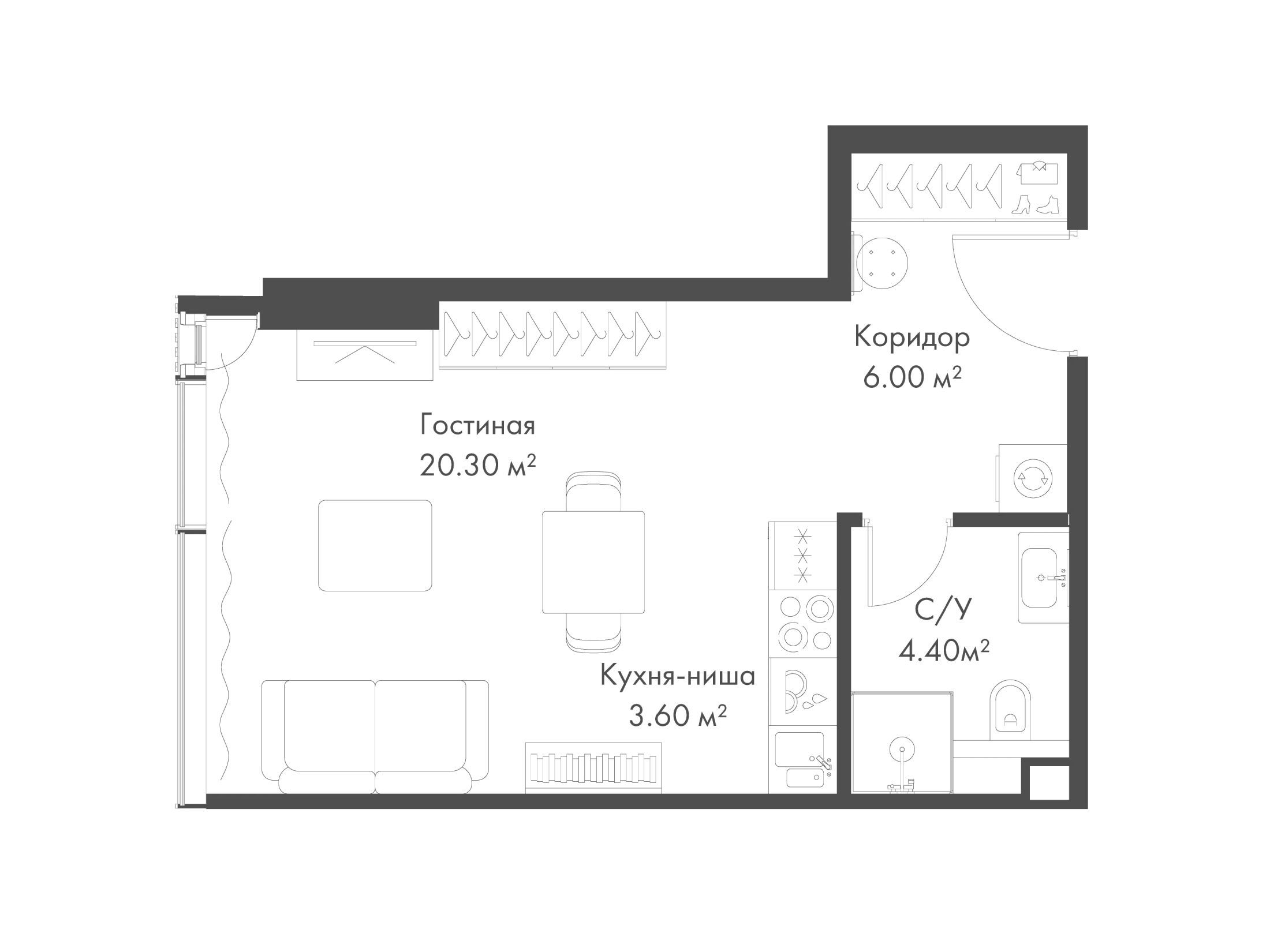 Планировка: Студия 34.30 м² в новостройке Слава