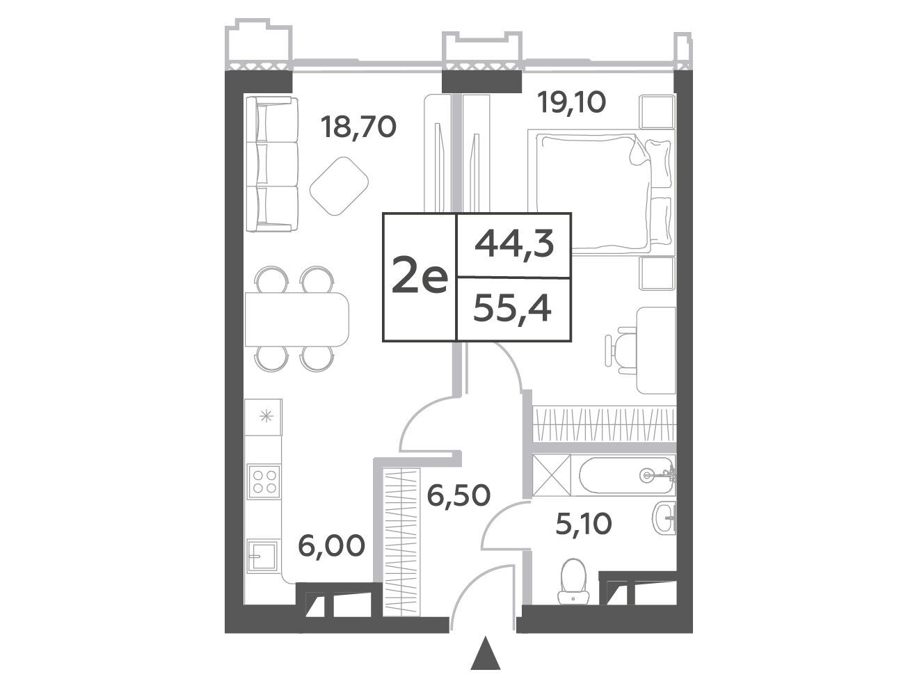 Планировка: 2-комн. квартира 55.40 м² в новостройке ЖК Вилл Тауэрс