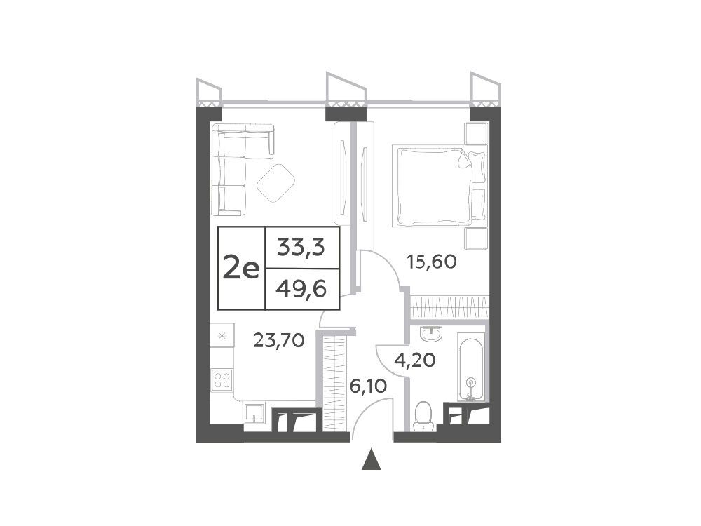 Планировка: 2-комн. квартира 51.30 м² в новостройке Вилл Тауэрс