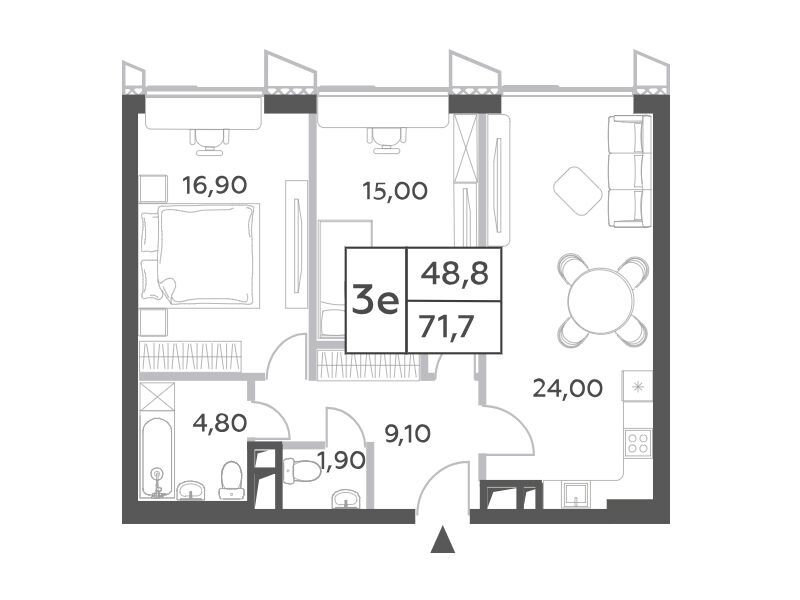 Планировка: 3-комн. квартира 73.60 м² в новостройке Вилл Тауэрс