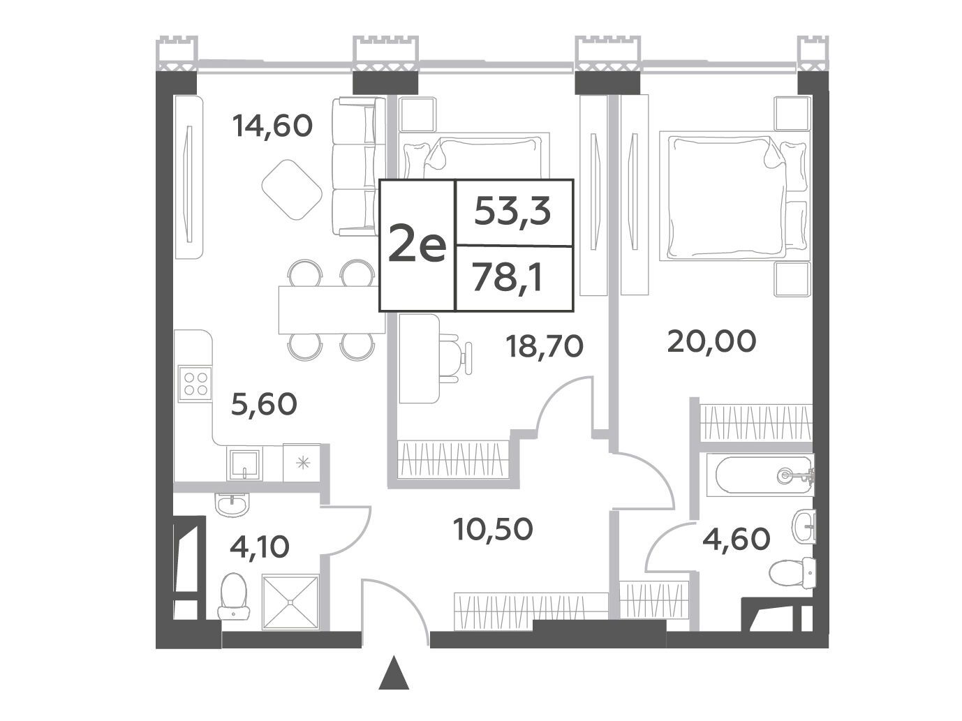 Планировка: 2-комн. квартира 78.10 м² в новостройке Вилл Тауэрс