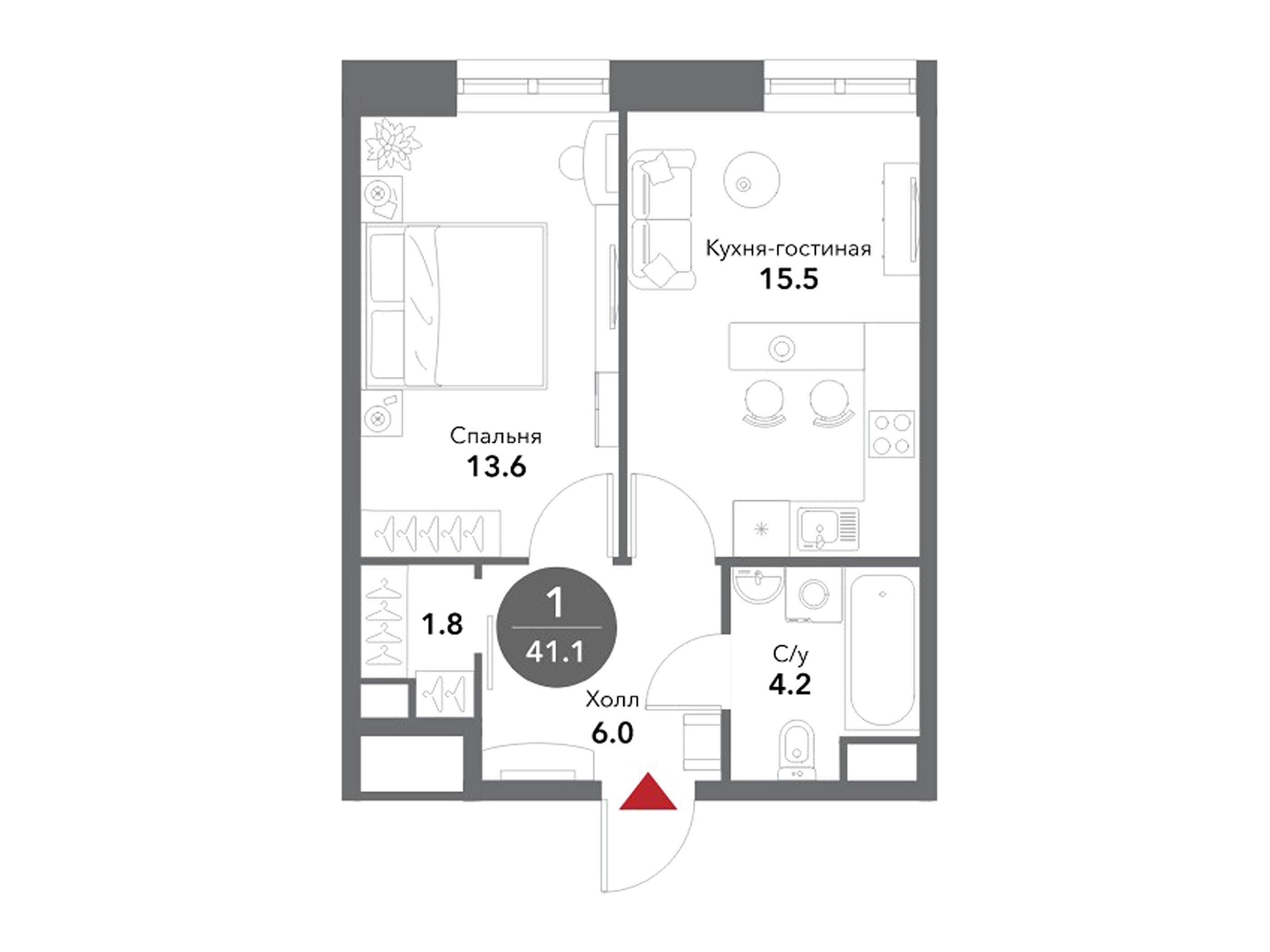 Планировка: 1-комн. квартира 41.10 м² в новостройке Воксхолл
