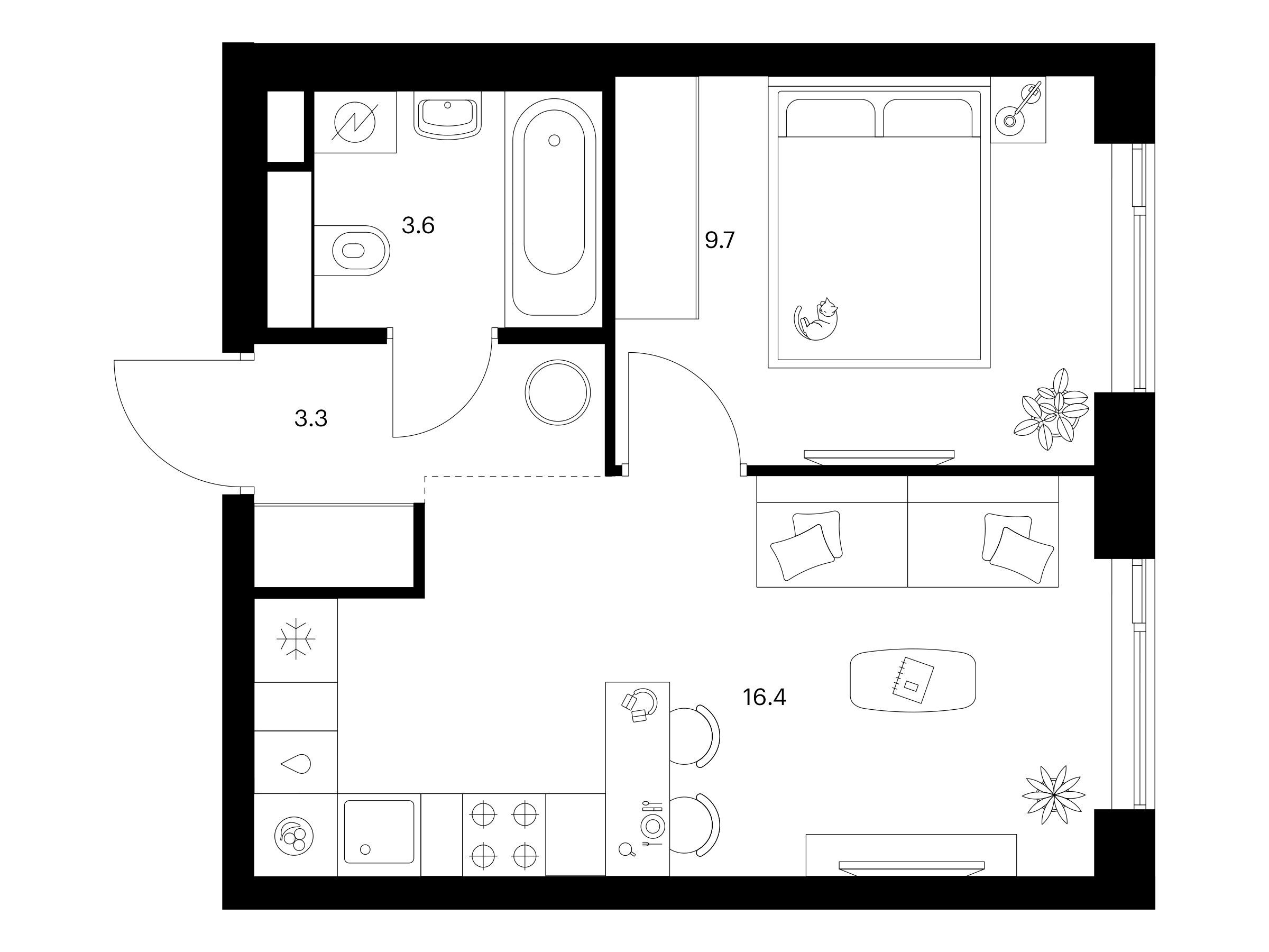 Планировка: 1-комн. квартира 33.00 м² в новостройке Мичуринский парк