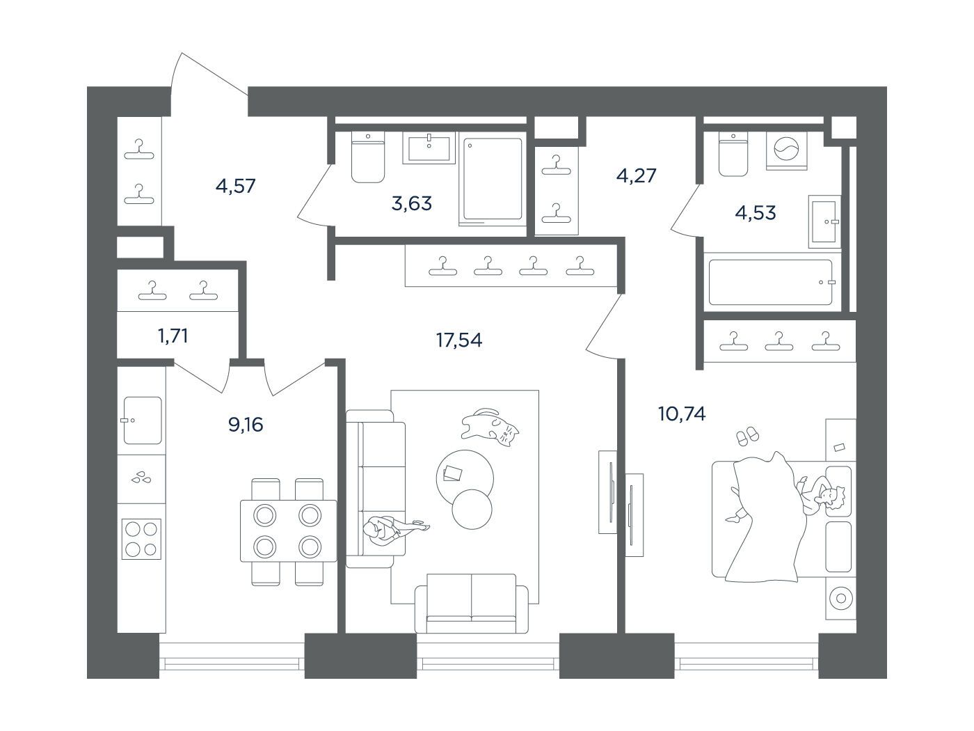 Планировка: 2-комн. квартира 56.15 м² в новостройке Ультима сити