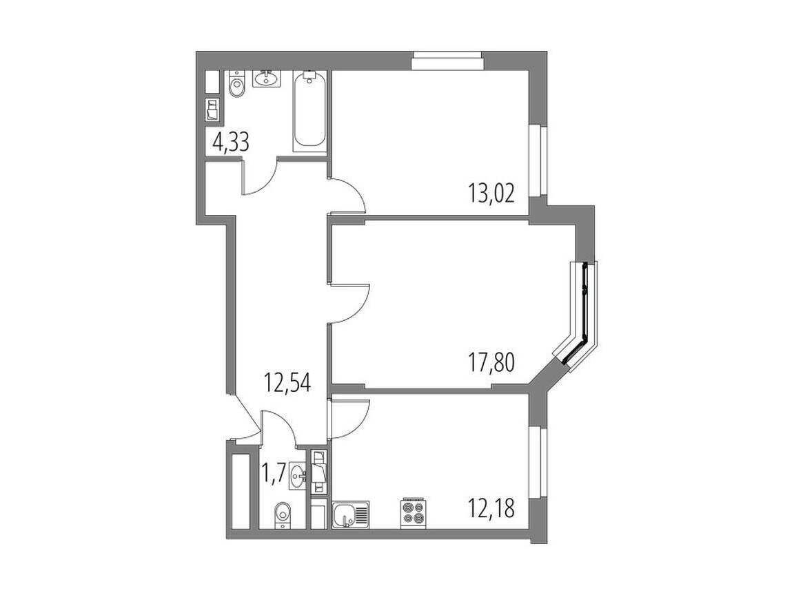 Планировка: 2-комн. квартира 61.57 м² в новостройке Внуково Парк