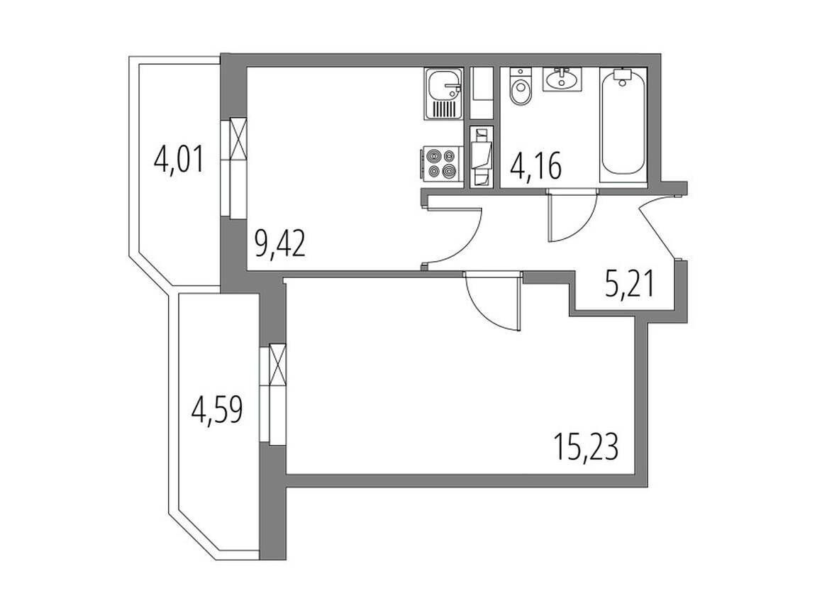 Планировка: 1-комн. квартира 38.33 м² в новостройке Внуково Парк
