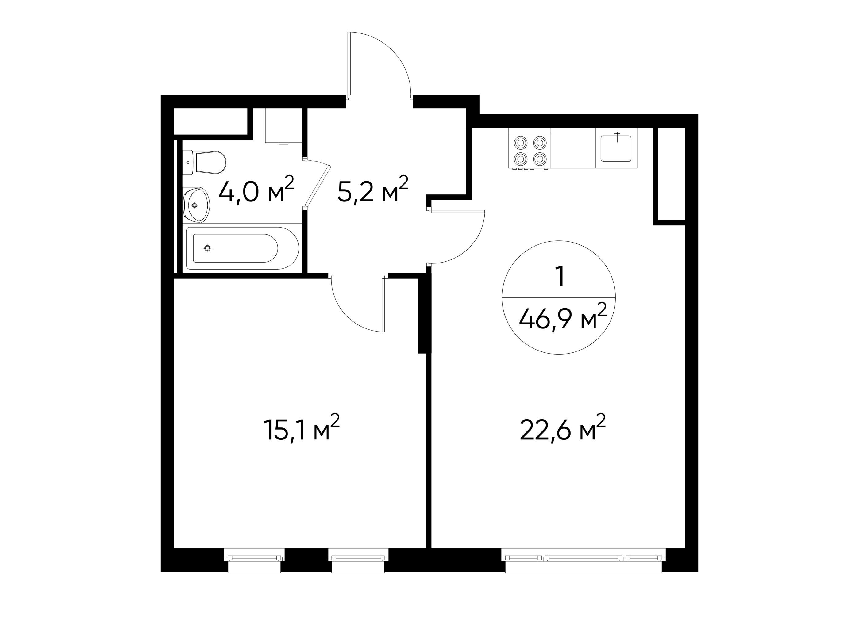 Планировка: 1-комн. квартира 46.90 м² в новостройке Переделкино Ближнее
