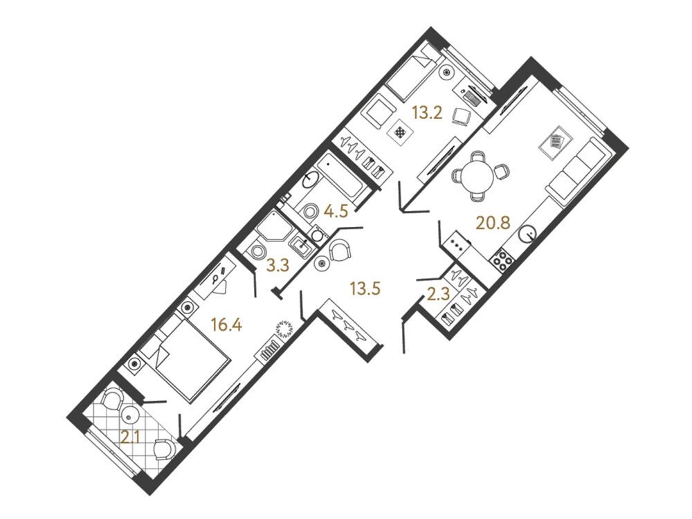 Планировка: 2-комн. квартира 74.00 м² в новостройке Миръ