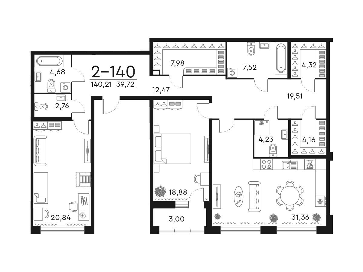 Планировка: 2-комн. квартира 140.30 м² в новостройке Фамилия