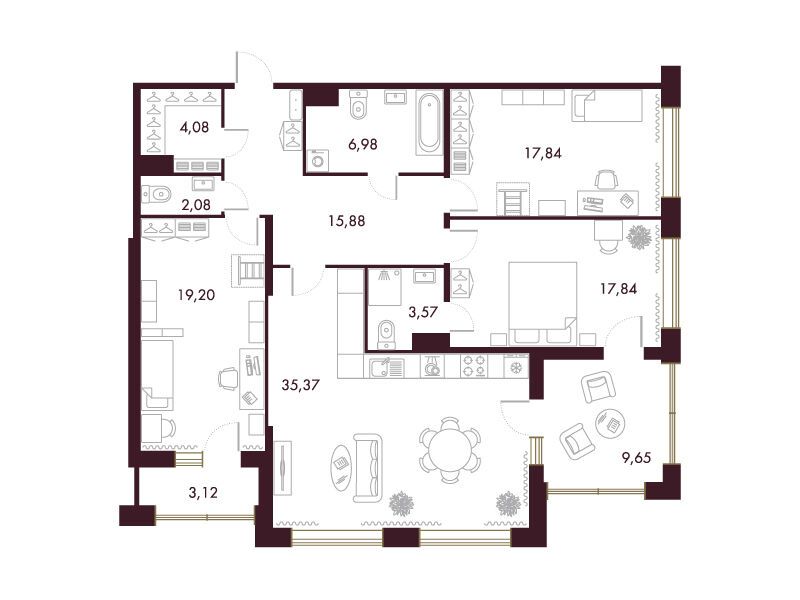 Планировка: 3-комн. квартира 129.20 м² в новостройке Фамилия