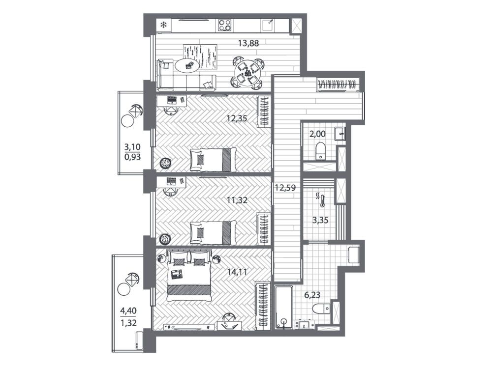 Планировка: 3-комн. квартира 77.20 м² в новостройке Френдс