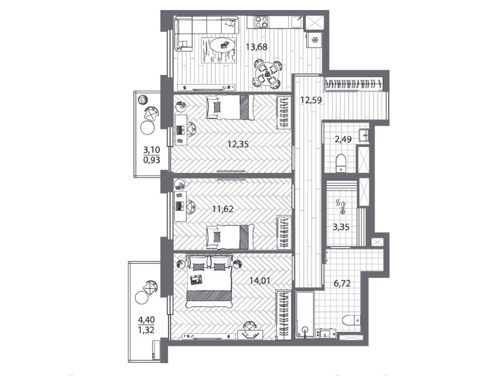 Планировка: 3-комн. квартира 78.00 м² в новостройке Френдс
