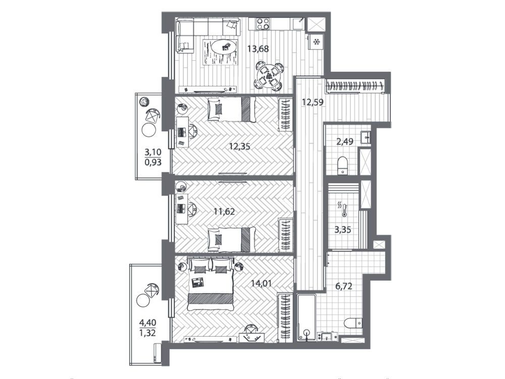 Планировка: 3-комн. квартира 77.70 м² в новостройке Френдс