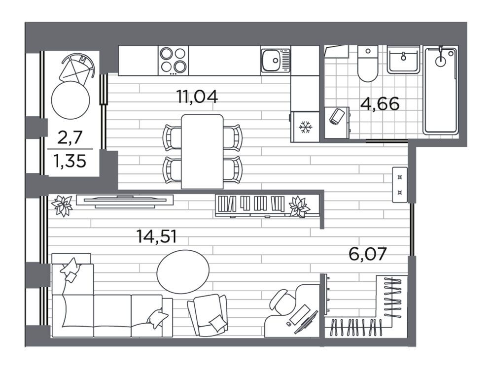 Планировка: 1-комн. квартира 37.63 м² в новостройке Респект