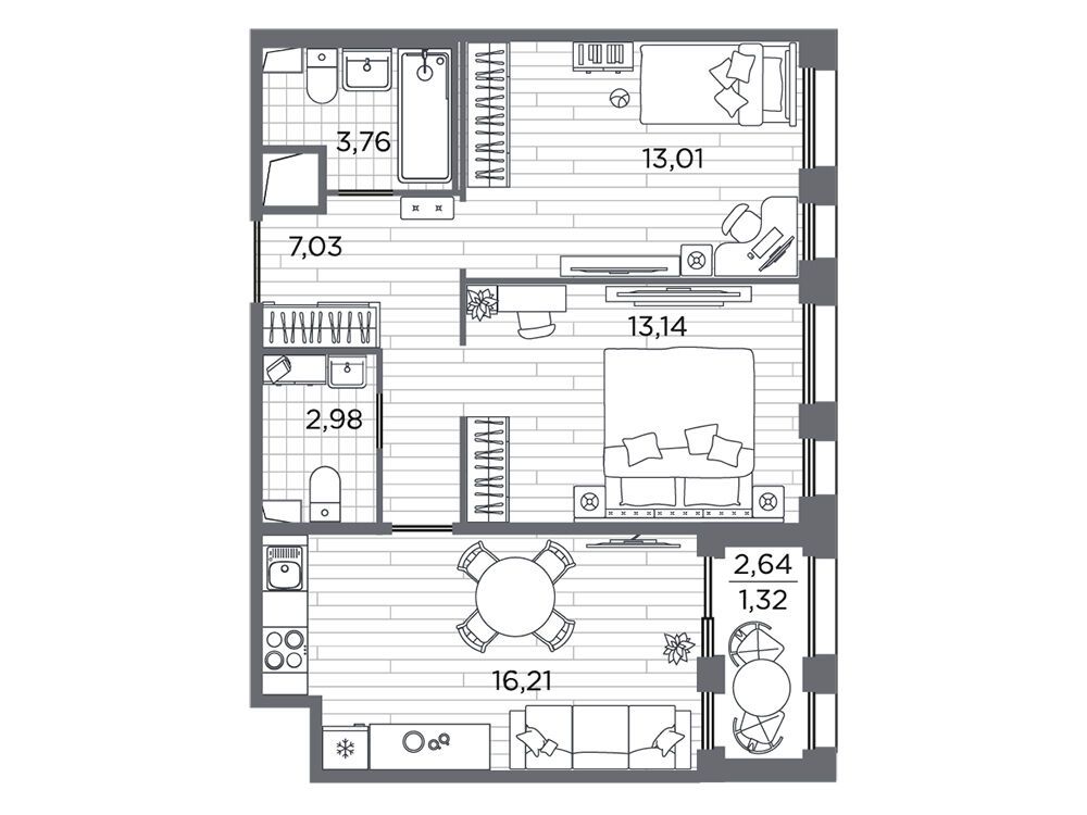 Планировка: 2-комн. квартира 57.45 м² в новостройке Респект
