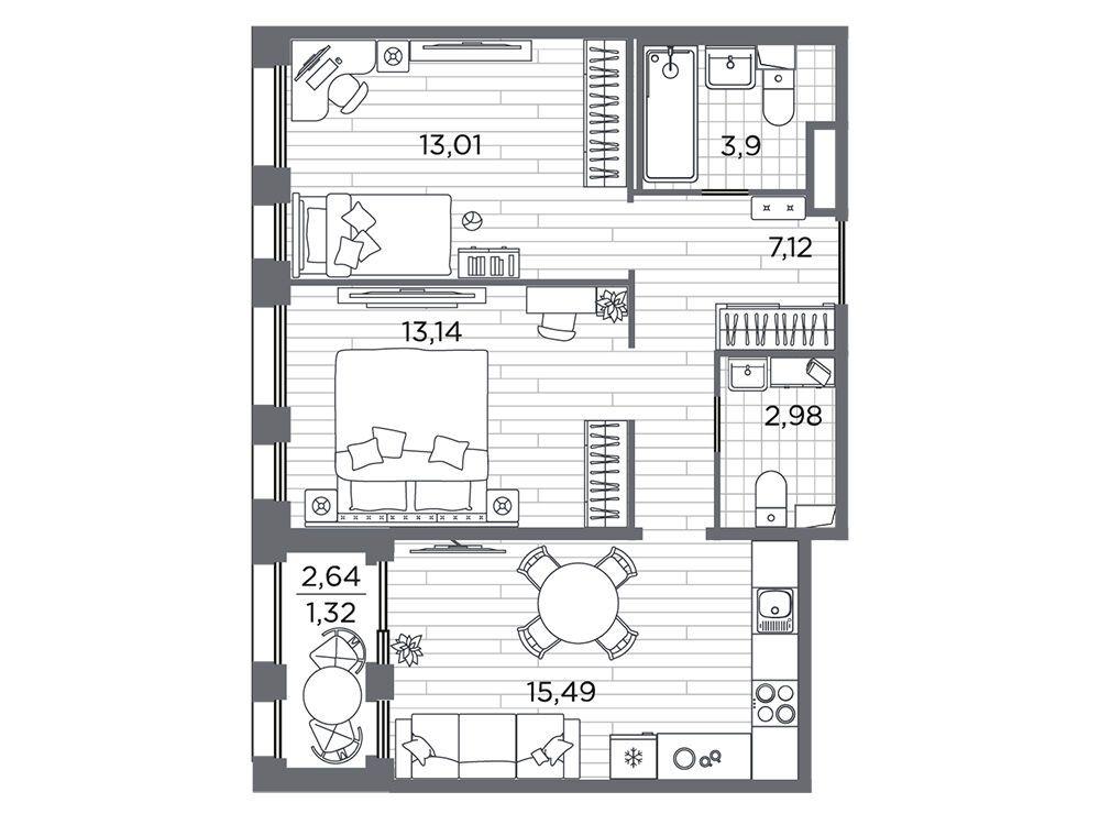Планировка: 2-комн. квартира 56.96 м² в новостройке Респект