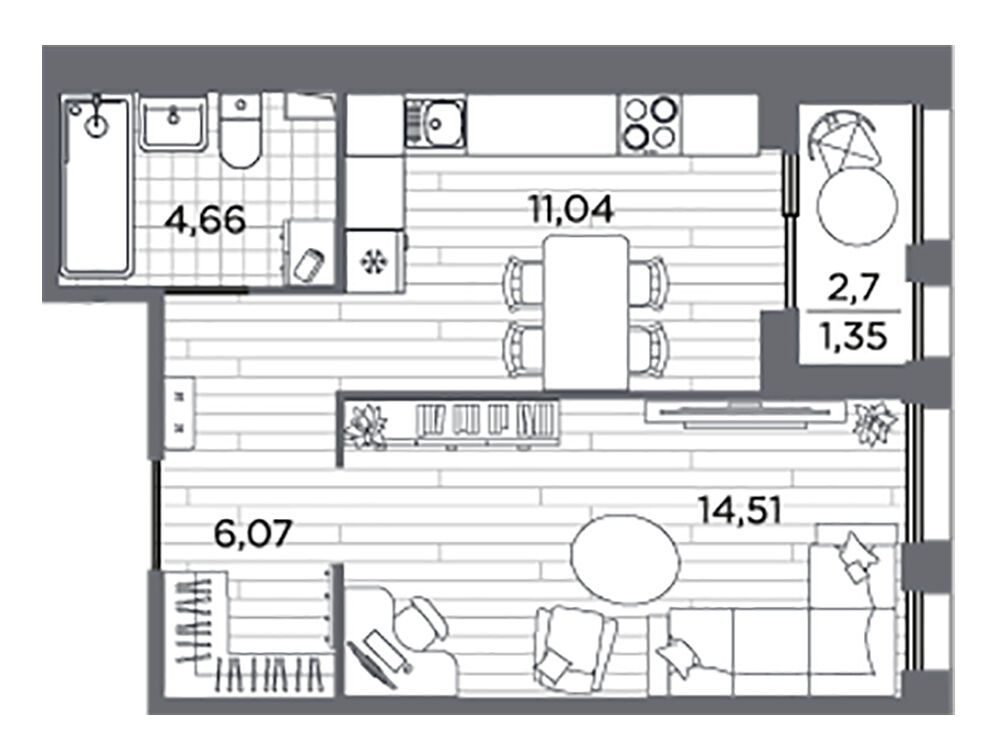 Планировка: 1-комн. квартира 37.63 м² в новостройке Респект